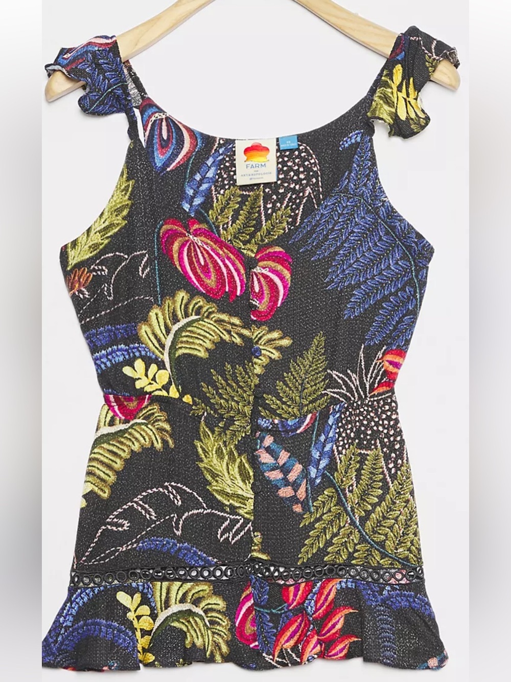 NWOT FARM Rio Black Tropical Floral Ruffle-Peplum Hem Camisole Beautiful Details - Picture 2 of 10